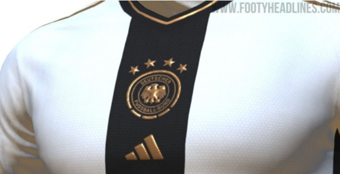 德国队世界杯战袍预测照：白衣配黑色竖条纹，衣领包含国旗元素